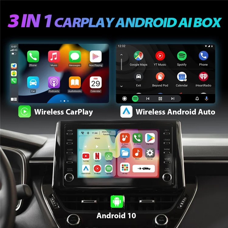 Boîte intelligente S1 Android 10 avec adaptateur Wireless Carplay / Android Auto intégré, Netflix Youtube, 2+16 Go