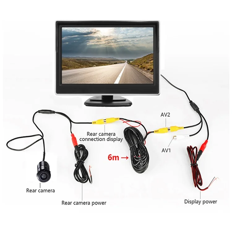 RH-506 Large 5'' LCD Display Monitor Round Rear Camera for Car Parking Reverse with Video Line and Power Supply Cable