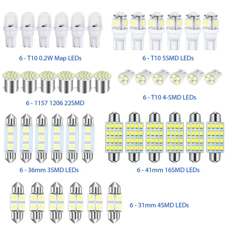 42 peças kit de luz de LED para carro T10 6000K branco xenônio substituto de lâmpadas para interior e exterior