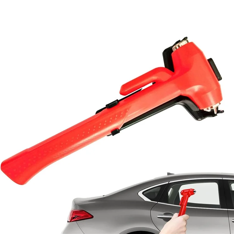 Car Safety Hammer with Seat Belt Cutter Window Breaker Long Handle Emergency Escape Tool - Red