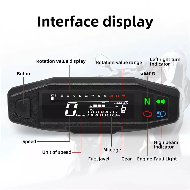12V Motorcycle Modification Mini LCD Digital Speedometer Tachometer Fuel Gauge