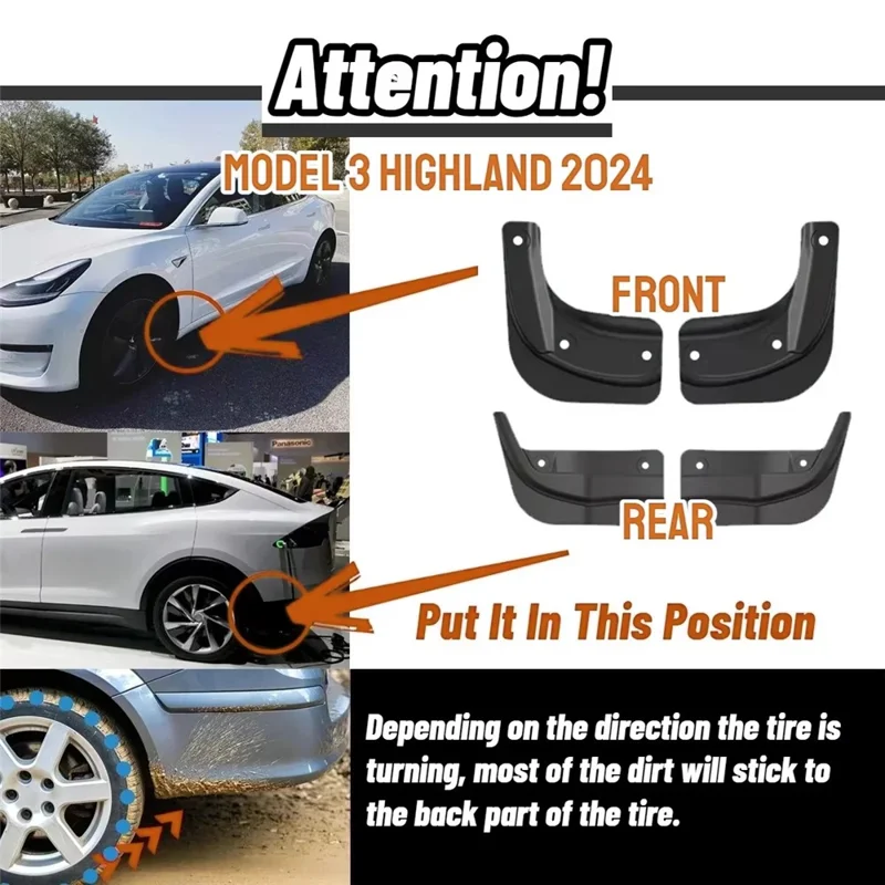 4Pcs / Set For Tesla Model 3 2024 Mud Fenders TPE Front and Rear Replacement Splash Guards