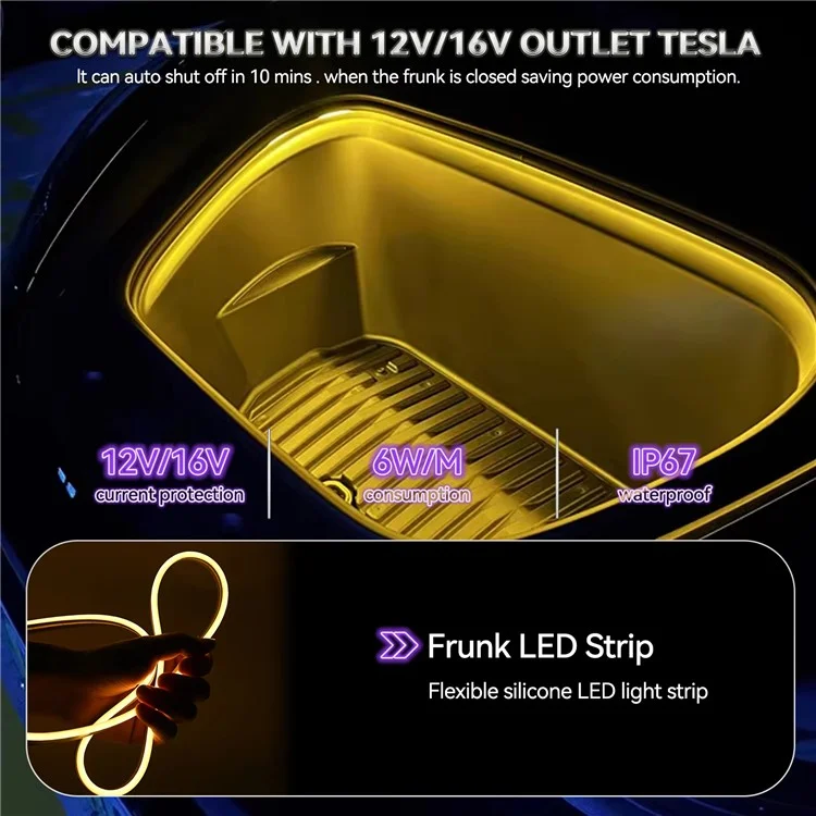 For Tesla Model 3  /  Y 2021 - 2024 Front Trunk LED Light Strip Ambient Lighting Waterproof Decorative Lamp - Warm Light