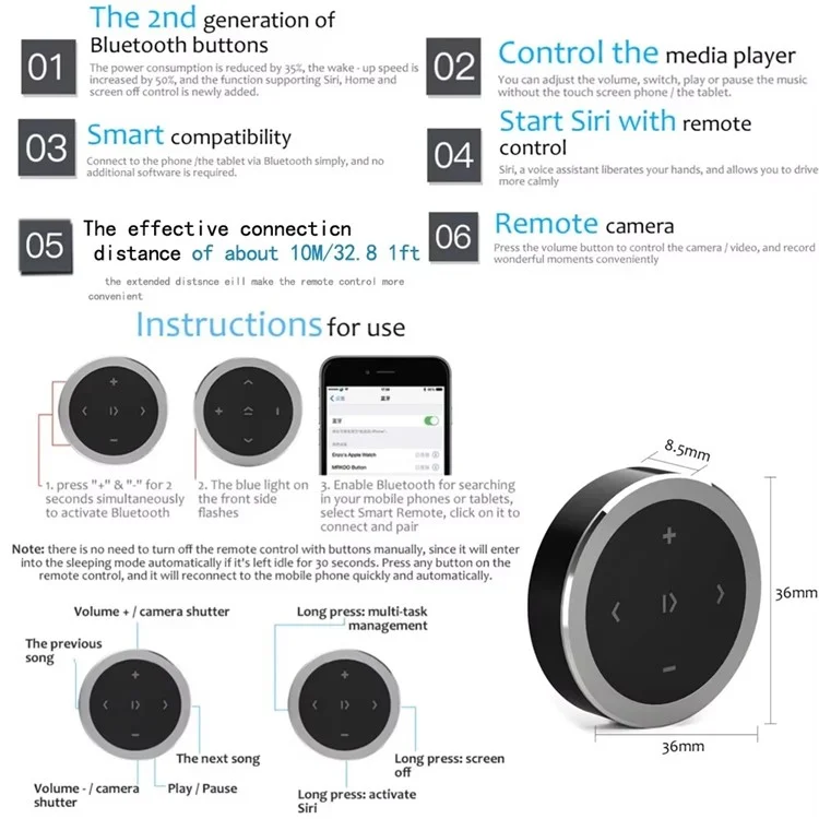 Controle Remoto Bluetooth para Volante de Carro para Música, Telefone e Obturador de Câmera - Prata