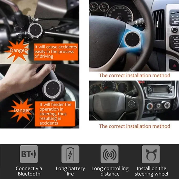 Controle Remoto Bluetooth para Volante de Carro para Música, Telefone e Obturador de Câmera - Prata