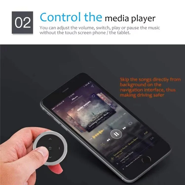 Controle Remoto Bluetooth para Volante de Carro para Música, Telefone e Obturador de Câmera - Prata