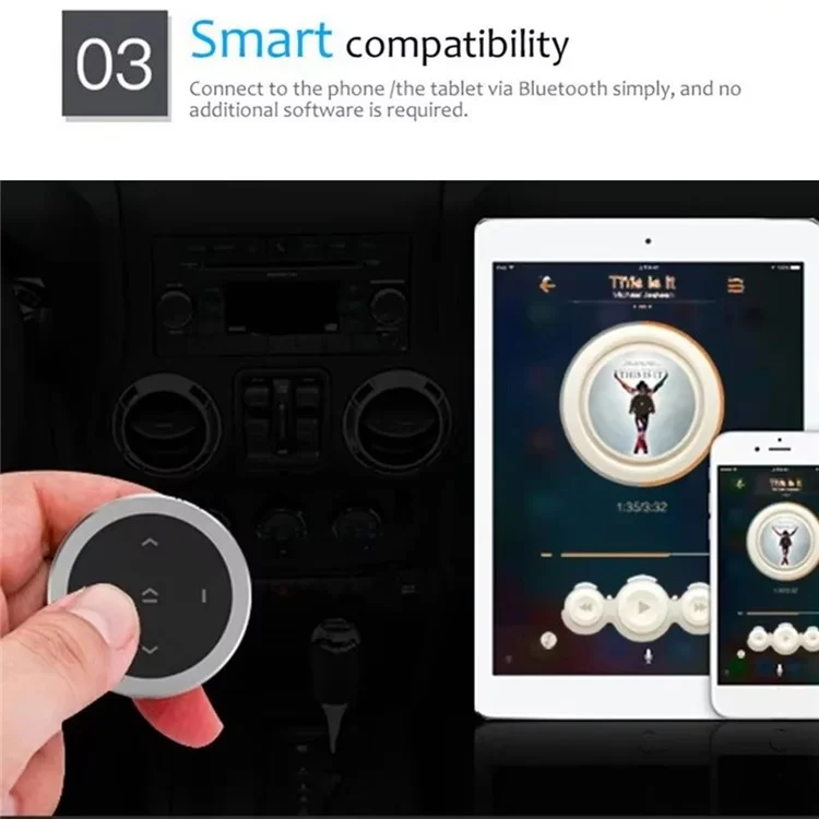 Controle Remoto Bluetooth para Volante de Carro para Música, Telefone e Obturador de Câmera - Prata