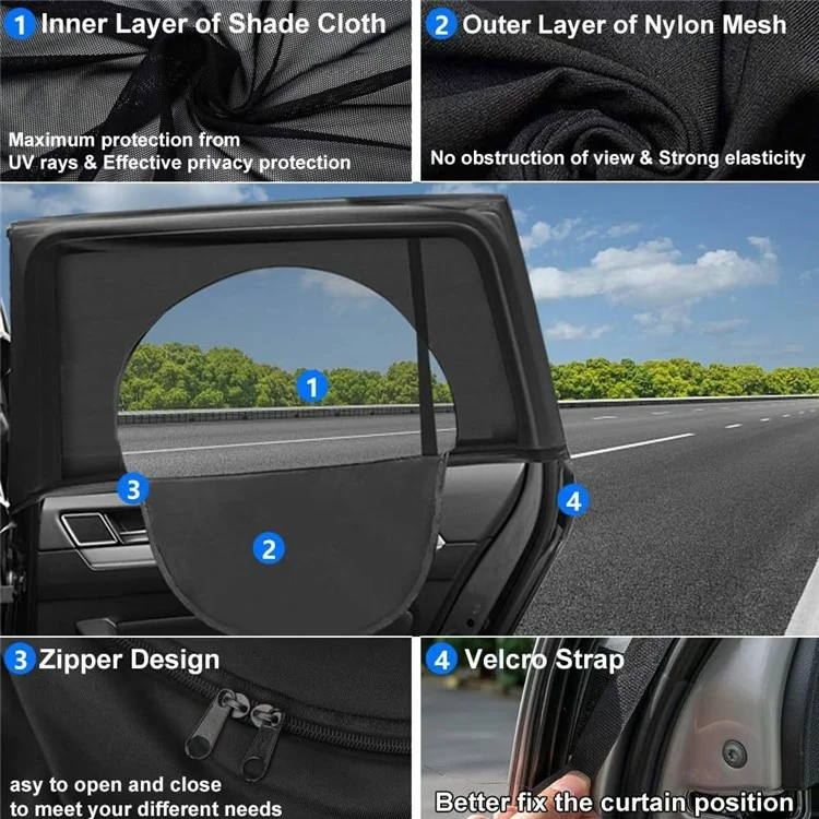 2Pcs Car Window Shade Front / Rear Side Window Sun Shade Breathable Privacy Curtain with Zipper - Rear Side