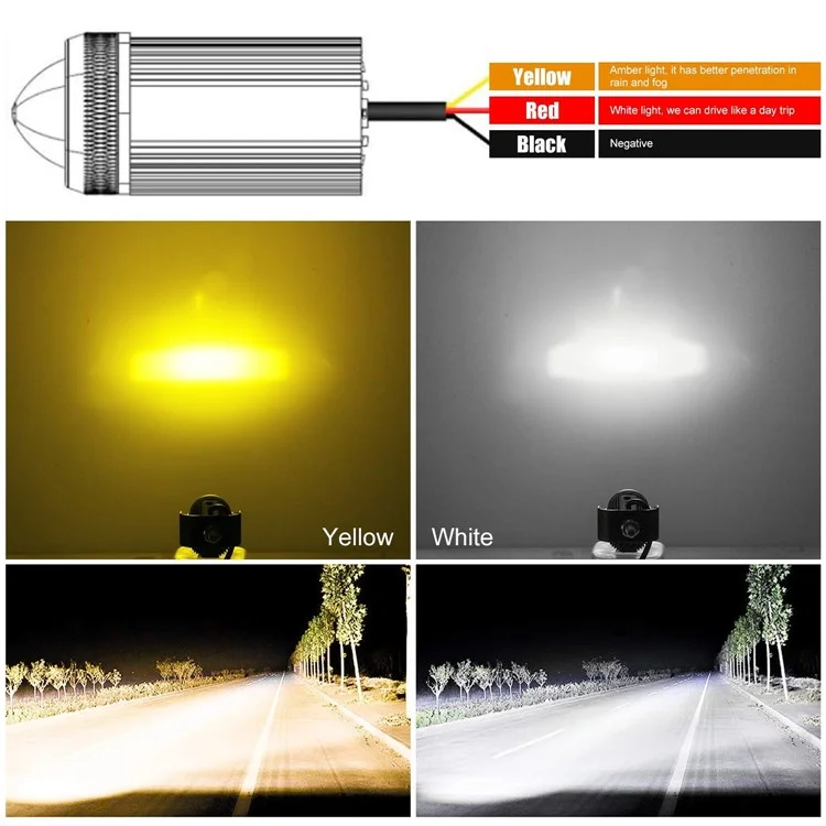 1 Pair Motorcycle LED Fog Lights White + Yellow Dual Color High Low Beam Auxiliary Driving Lamps