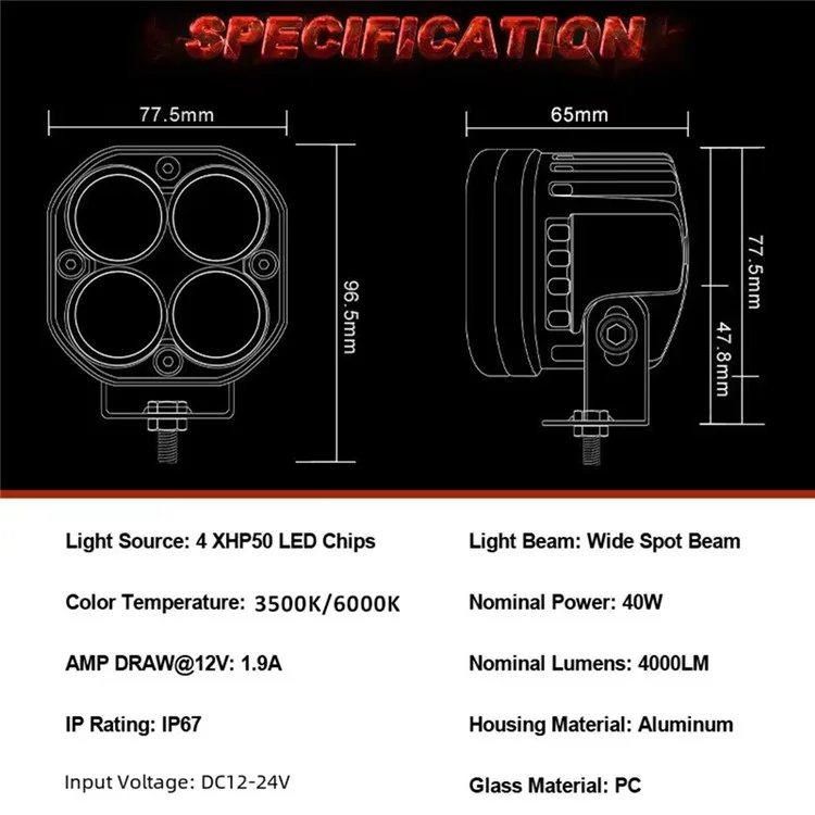 D1 3 Inch 40W Square Spotlight IP67 Waterproof Car LED Work Light 12V / 24V Off Road Fog Lamp - White Light