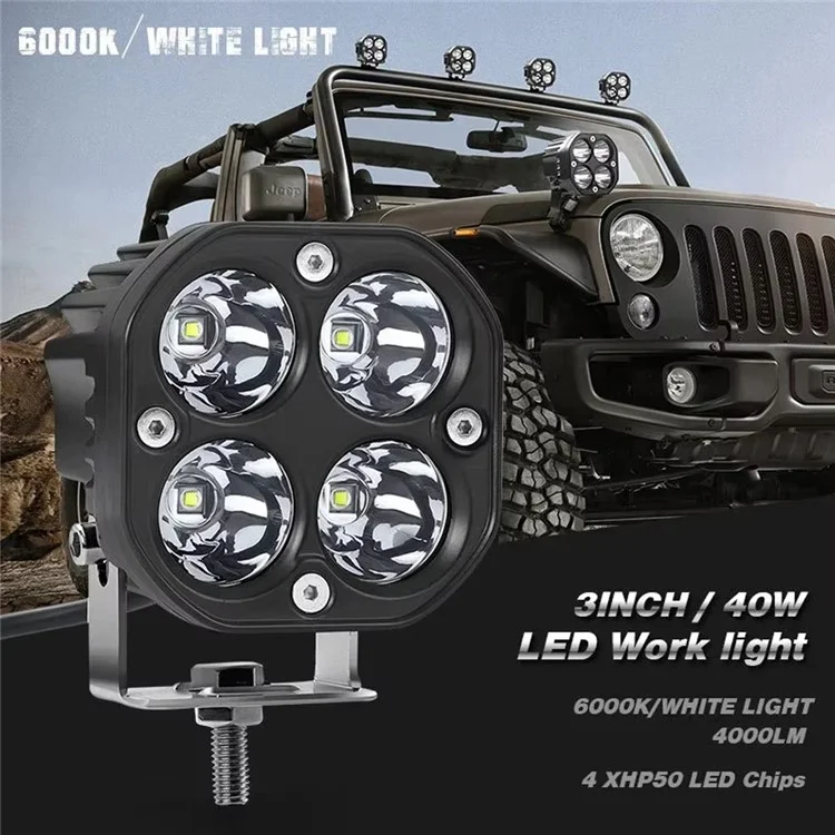 D1 3 Inch 40W Square Spotlight IP67 Waterproof Car LED Work Light 12V / 24V Off Road Fog Lamp - White Light