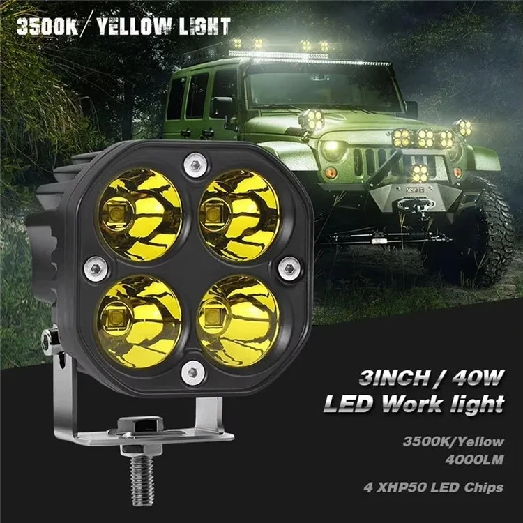 D1 3 Inch 40W Square Spotlight IP67 Waterproof Car LED Work Light 12V / 24V Off Road Fog Lamp - White Light