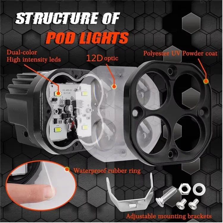 D2 30W Quadratischer Scheinwerfer Gelb und Weiß Zweifarbige Motorrad-LED-Arbeitsleuchte 12V / 24V Off-Road Nebelscheinwerfer