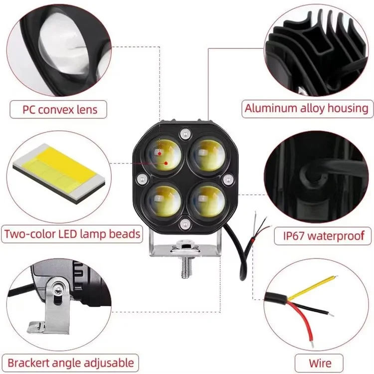 D2 30W Quadratischer Scheinwerfer Gelb und Weiß Zweifarbige Motorrad-LED-Arbeitsleuchte 12V / 24V Off-Road Nebelscheinwerfer