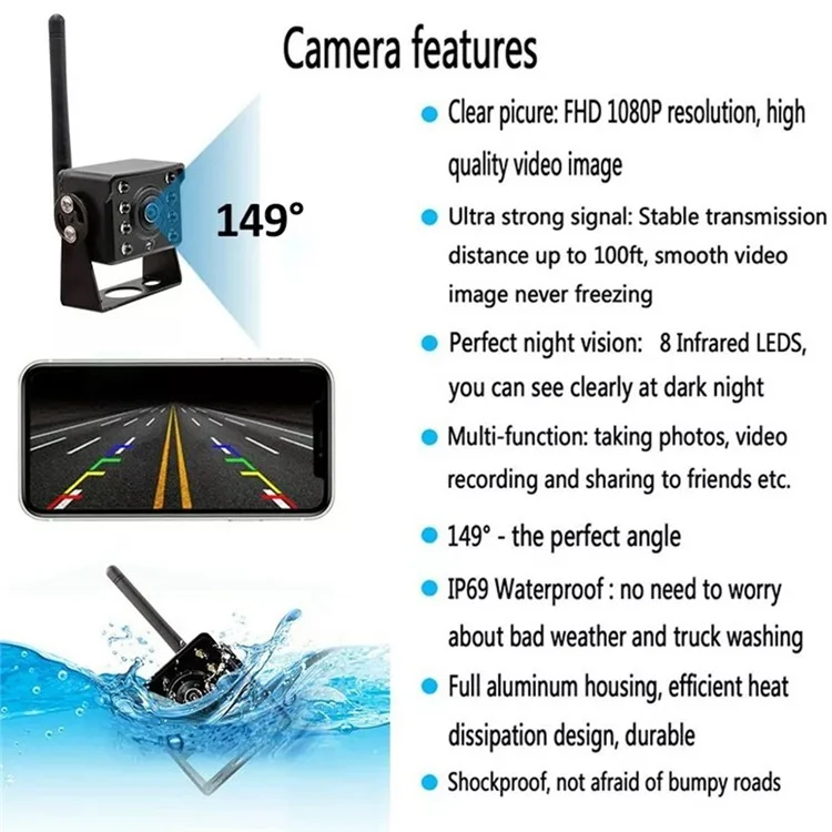 W102 Night Vision Wide Angle WiFi Camera for Trucks Waterproof Rear View Wireless Backup Camera