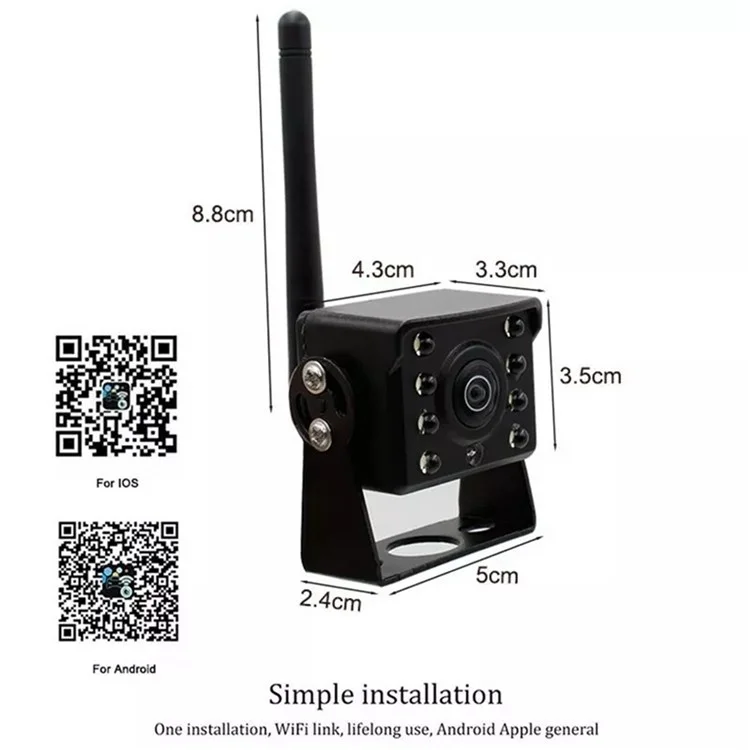 W102 Night Vision Wide Angle WiFi Camera for Trucks Waterproof Rear View Wireless Backup Camera