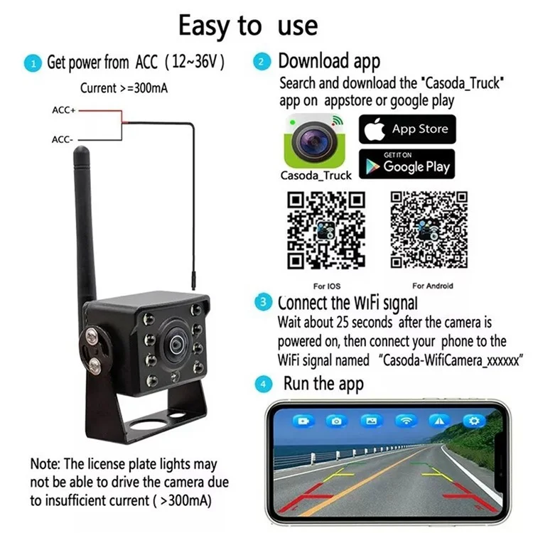 W102 Night Vision Wide Angle WiFi Camera for Trucks Waterproof Rear View Wireless Backup Camera