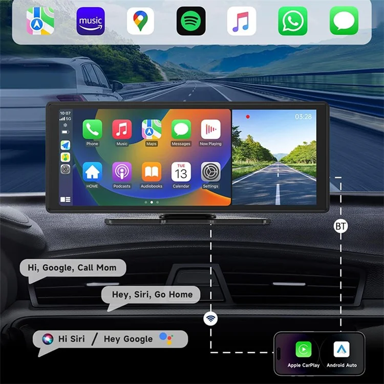 W514A 10.26 Inch Portable CarPlay Screen 1080P Dual Recording AHD Camera Car Dash Cam Reverse Backup Camera System