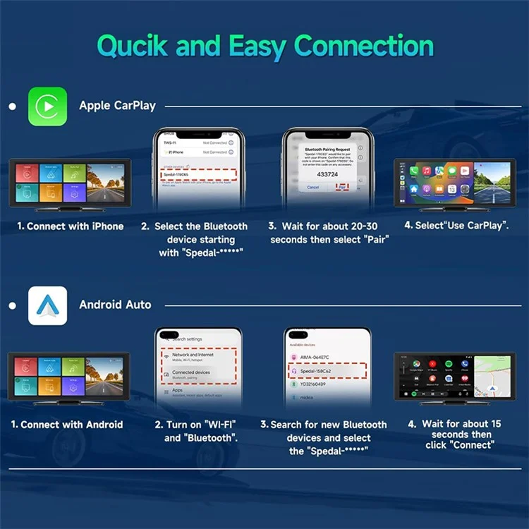 W514A 10.26 Inch Portable CarPlay Screen 1080P Dual Recording AHD Camera Car Dash Cam Reverse Backup Camera System