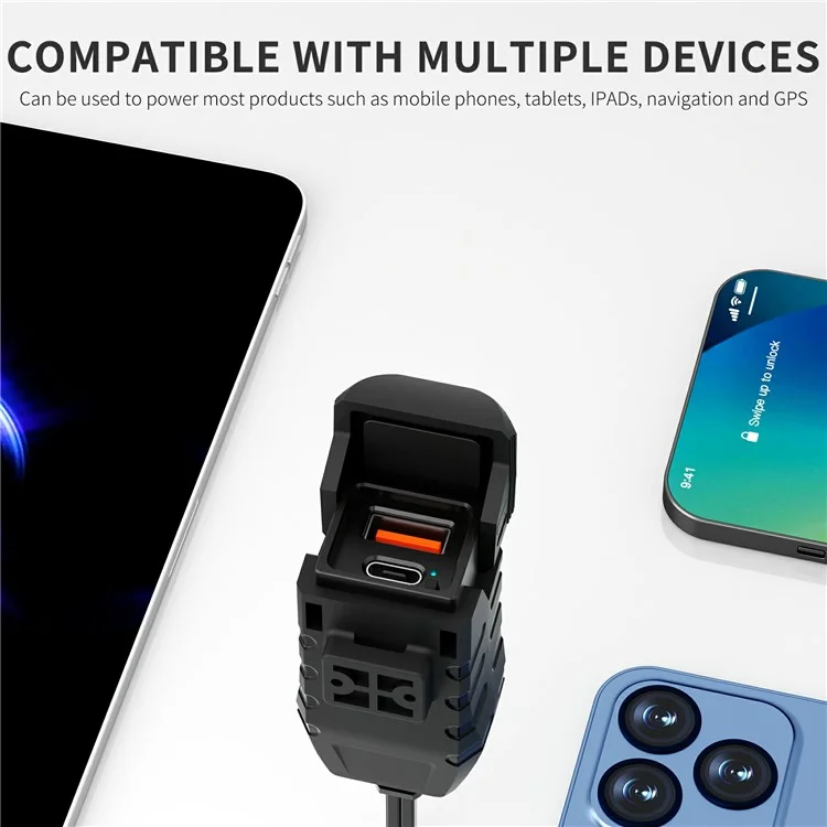 WUPP CS-2100A1 USB A + Type C Dual Port Fast Charging Motorcycle Phone Charger with LED Voltmeter