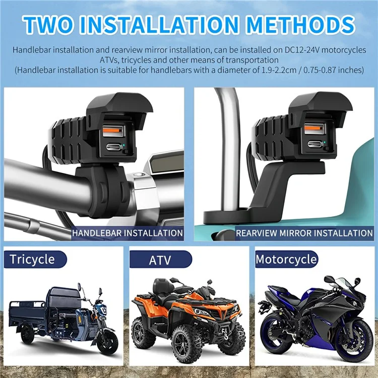 WUPP CS-2100A1 USB A + Type C Dual Port Fast Charging Motorcycle Phone Charger with LED Voltmeter