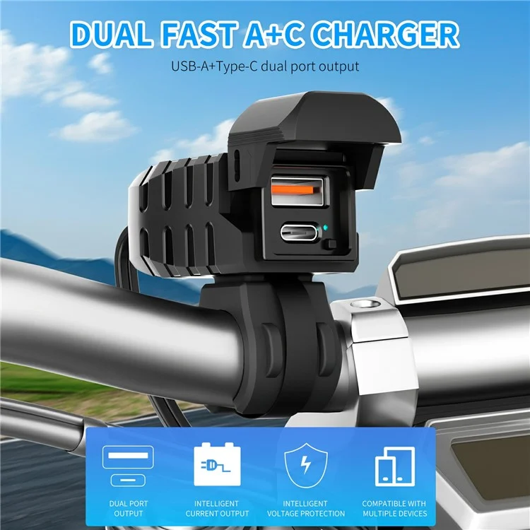 WUPP CS-2100A1 USB A + Type C Dual Port Fast Charging Motorcycle Phone Charger with LED Voltmeter