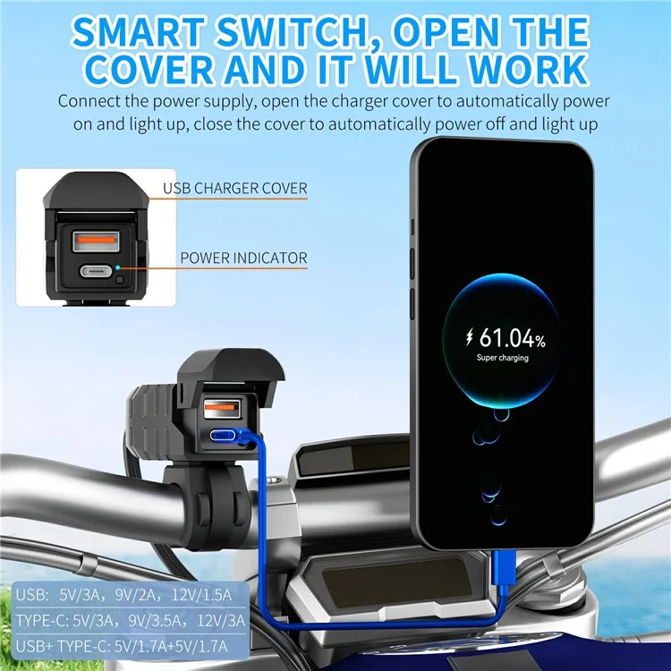 WUPP CS-2100A1 USB A + Type C Dual Port Fast Charging Motorcycle Phone Charger with LED Voltmeter