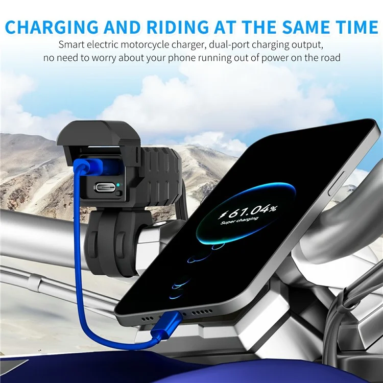 WUPP CS-2100A1 USB A + Type C Dual Port Fast Charging Motorcycle Phone Charger with LED Voltmeter