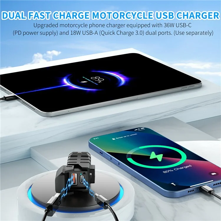 WUPP CS-2100A1 USB A + Type C Dual Port Fast Charging Motorcycle Phone Charger with LED Voltmeter