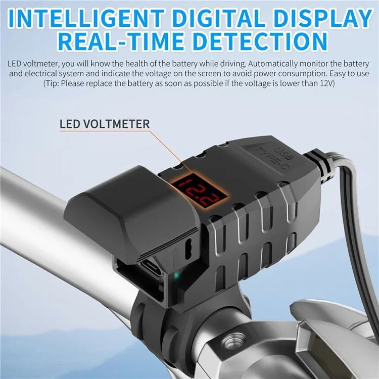 WUPP CS-2100A1 USB A + Type C Dual Port Fast Charging Motorcycle Phone Charger with LED Voltmeter