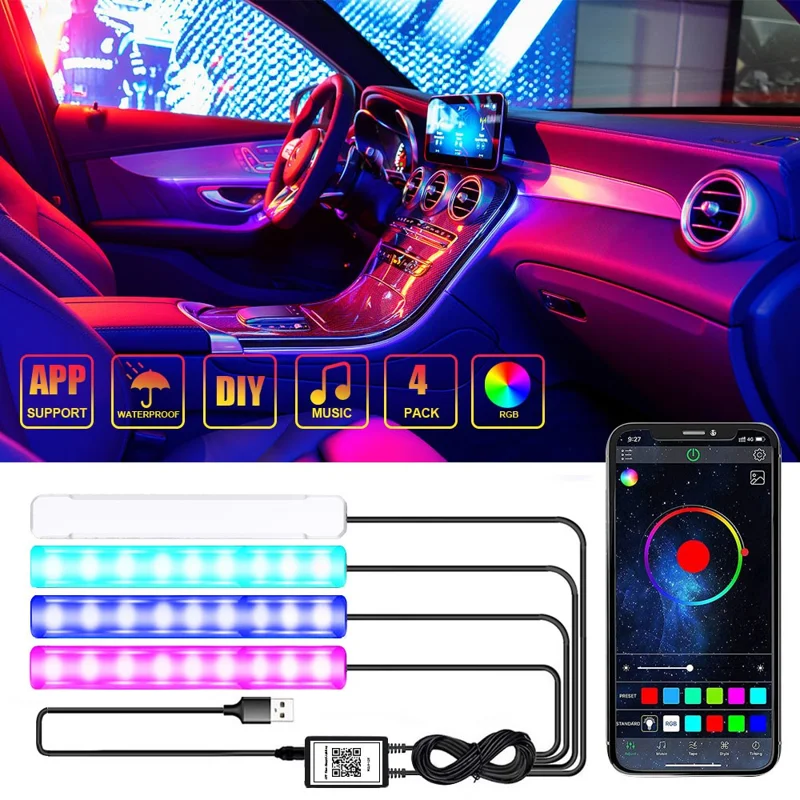 4-in-1 Auto-Innenbeleuchtung App-Steuerung Bluetooth-kompatible LED RGB Musik-Sync Ambiente Beleuchtungs-Set