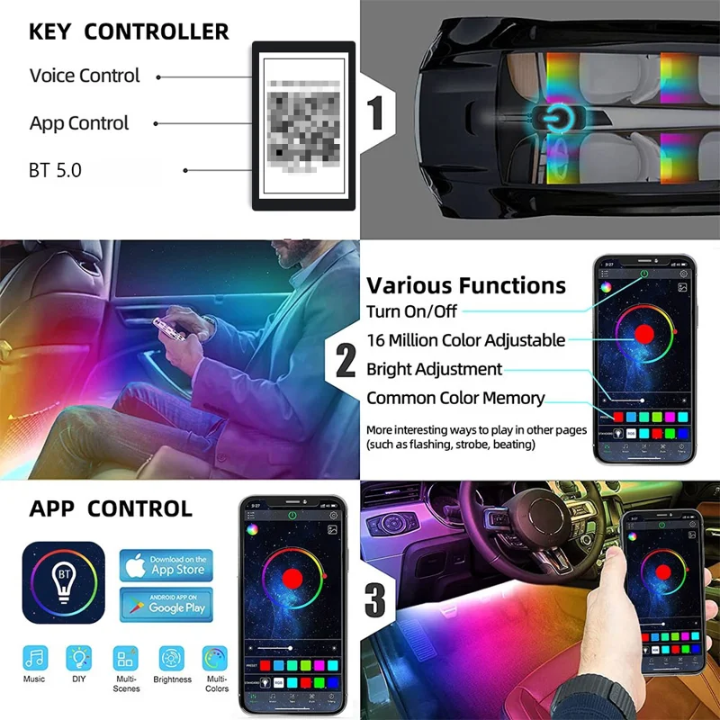 4-in-1 Auto-Innenbeleuchtung App-Steuerung Bluetooth-kompatible LED RGB Musik-Sync Ambiente Beleuchtungs-Set