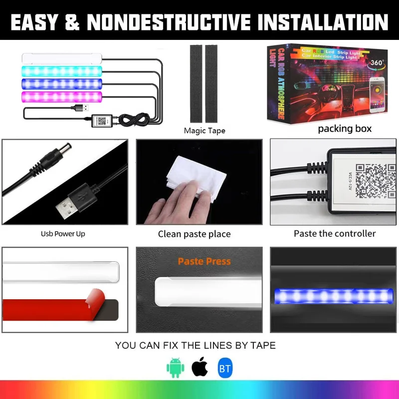 4-in-1 Auto-Innenbeleuchtung App-Steuerung Bluetooth-kompatible LED RGB Musik-Sync Ambiente Beleuchtungs-Set