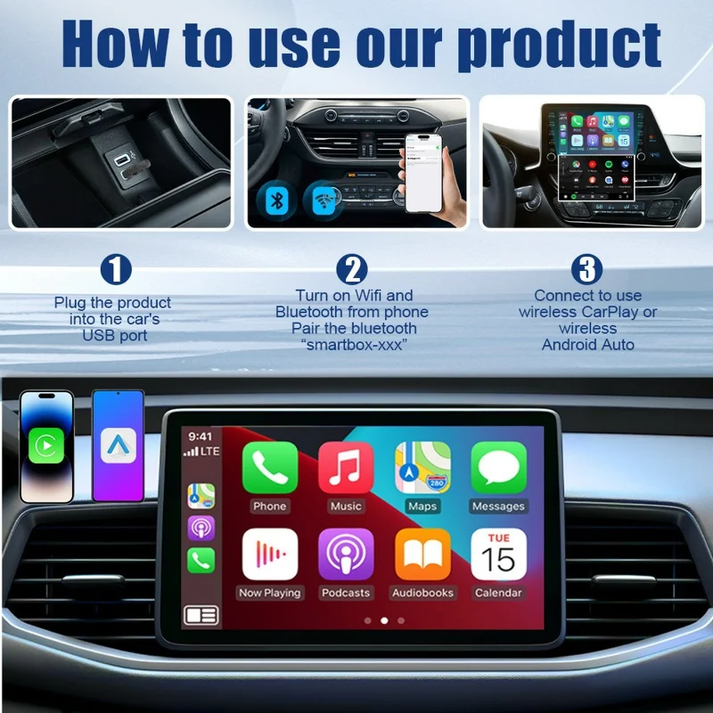 Wireless CarPlay Android Auto 2 in 1 Adapter for Car Navigation USB Dongle - with Type-C Adapter Cable