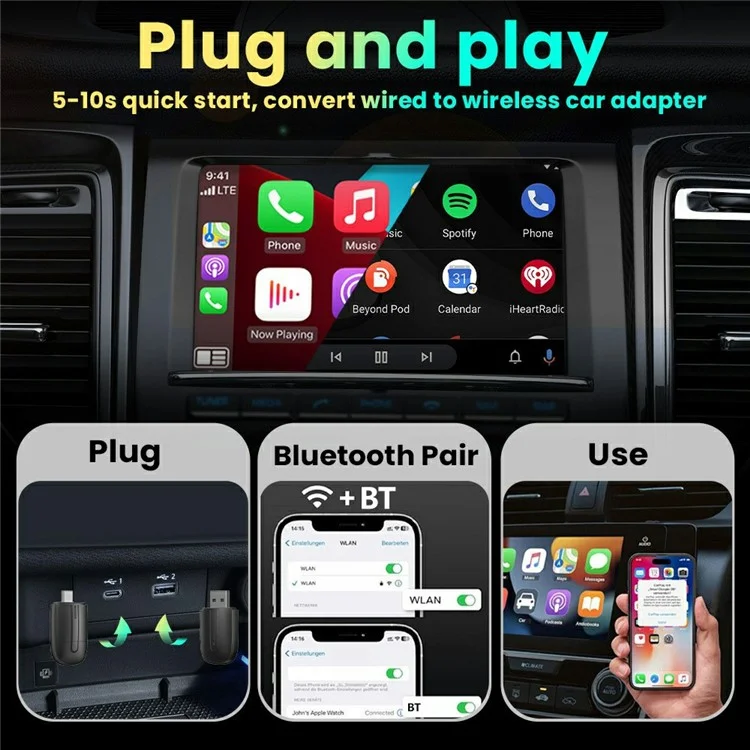 Dualer Kopf 2-in-1 Carplay Android Auto Fahrzeug-Adapter von Kabel auf Drahtlos