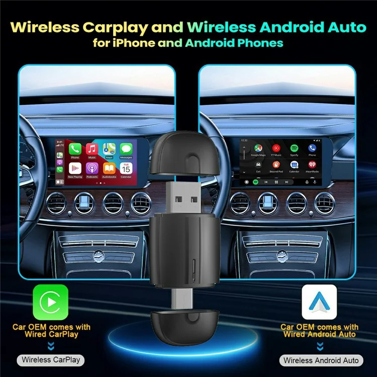 Dualer Kopf 2-in-1 Carplay Android Auto Fahrzeug-Adapter von Kabel auf Drahtlos