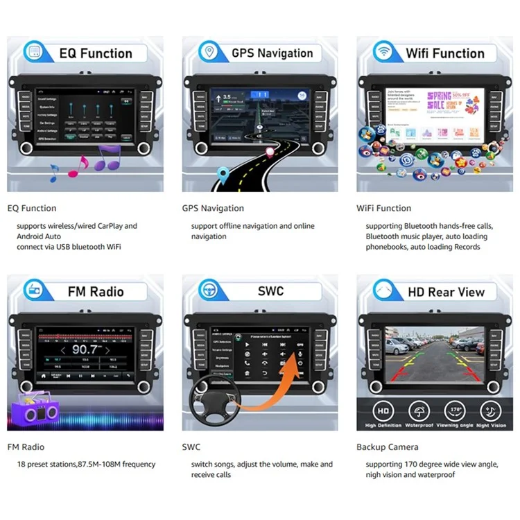 RH5013C Pantalla táctil de 7 pulgadas Android 13 Radio de coche Reproductor multimedia Android Auto CarPlay, 2+32GB