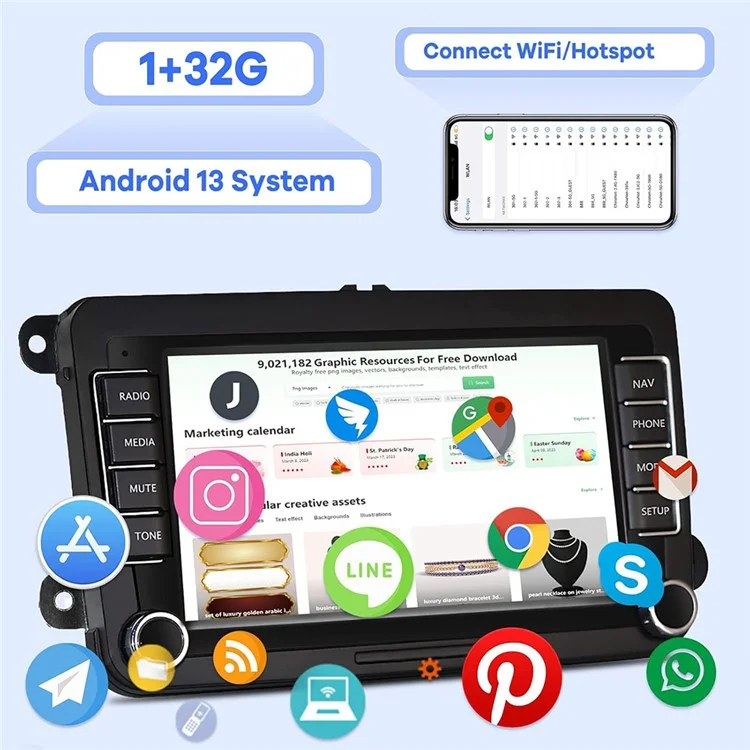 RH5013C Pantalla táctil de 7 pulgadas Android 13 Radio de coche Reproductor multimedia Android Auto CarPlay, 2+32GB