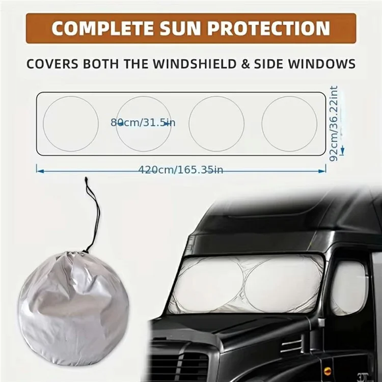 Parasol grande de 420 x 92 cm para camión, visera plegable protectora contra el sol para parabrisas y ventana lateral, resistente