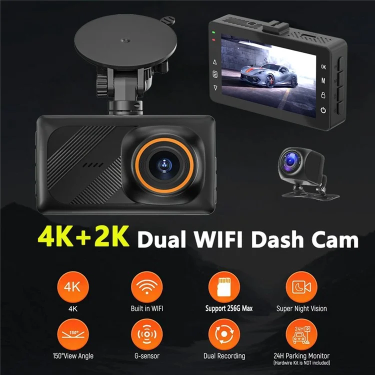 A5 4K Front 2K Rear Car Dash Cam 3 Inch Dual Lens WiFi Smartphone Connection Vehicle Parking Recorder
