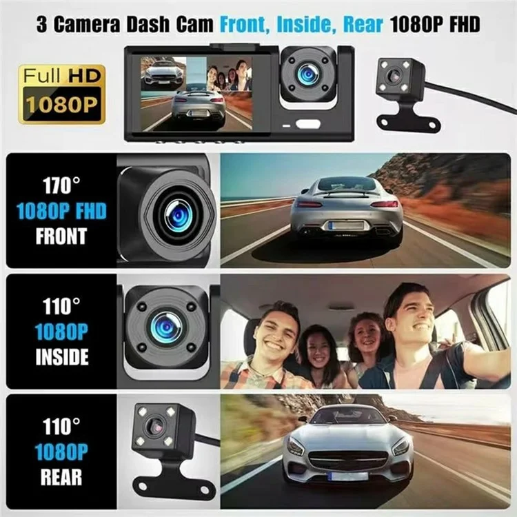 WIFI Car Dash Cam HD 1080P Front / Inside / Rear 3 Lens Car DVR Parking Recorder