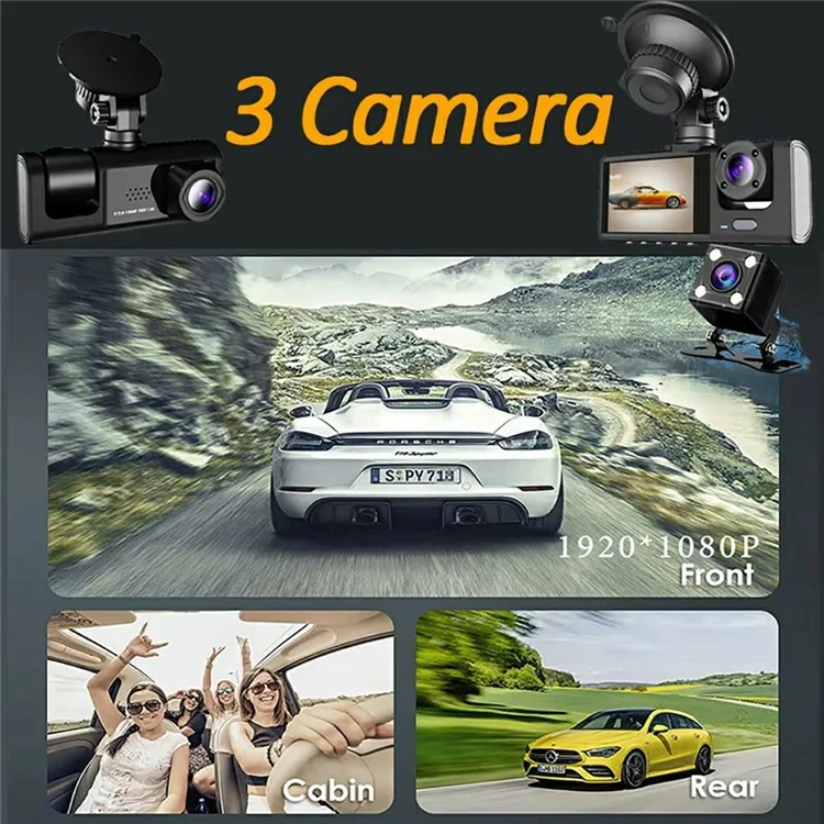 WIFI Car Dash Cam HD 1080P Front / Inside / Rear 3 Lens Car DVR Parking Recorder