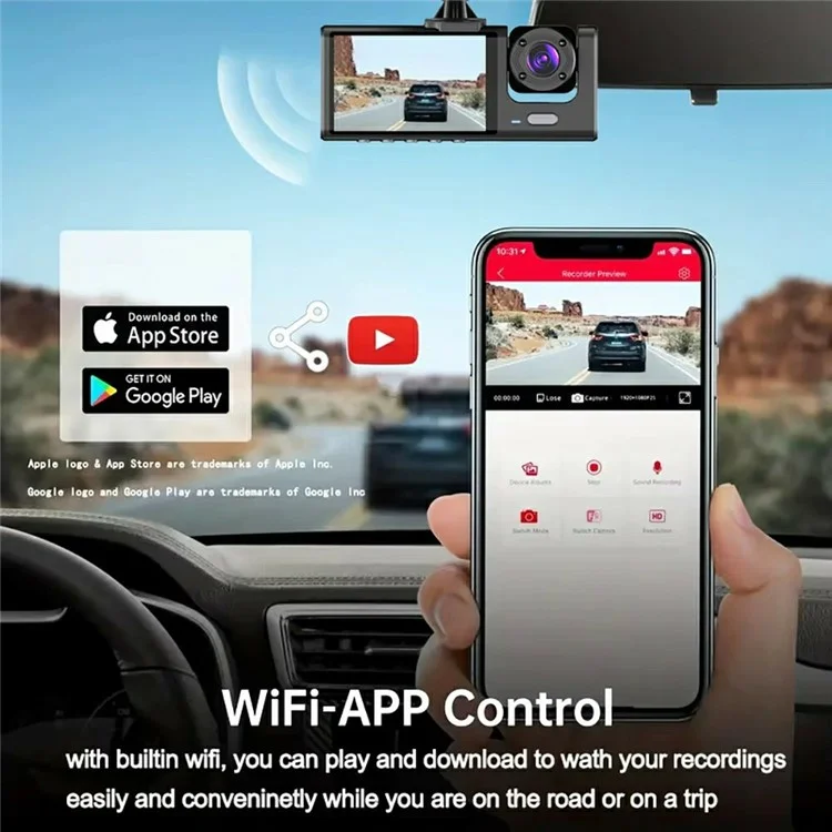 WIFI Car Dash Cam HD 1080P Front / Inside / Rear 3 Lens Car DVR Parking Recorder