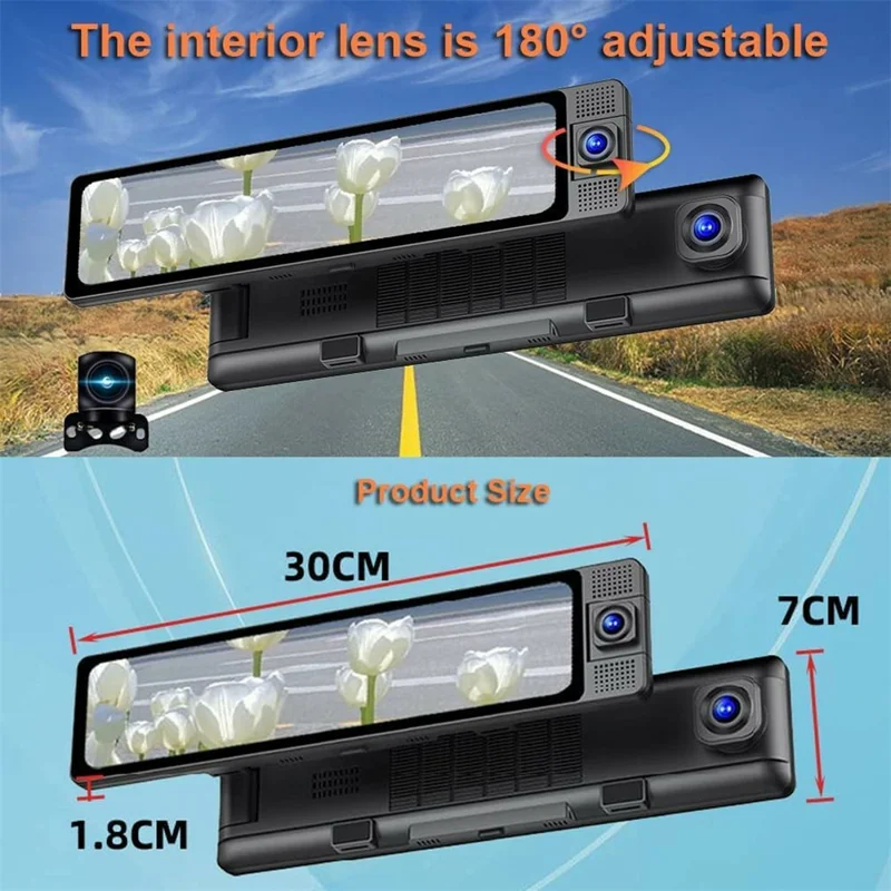 3 Lens 4K Rearview Mirror Dash Cam Interior Recording HD Reverse Camera 2K Front 1080P Inside 1080P Rear