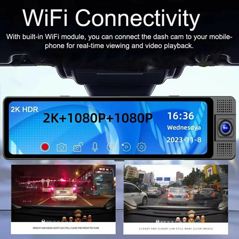 3 Lens 4K Rearview Mirror Dash Cam Interior Recording HD Reverse Camera 2K Front 1080P Inside 1080P Rear