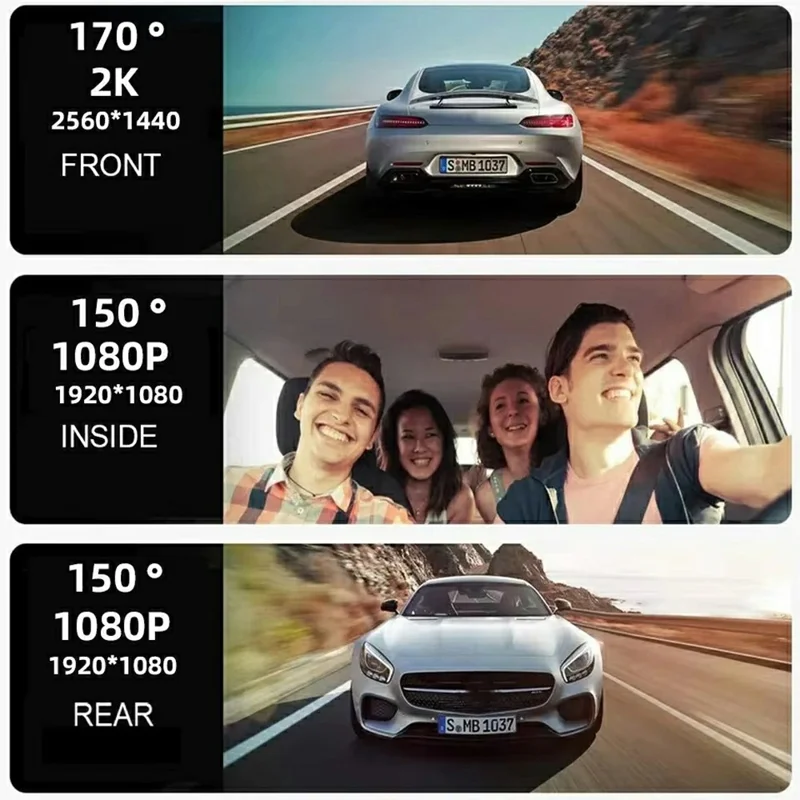 3 Lens 4K Rearview Mirror Dash Cam Interior Recording HD Reverse Camera 2K Front 1080P Inside 1080P Rear