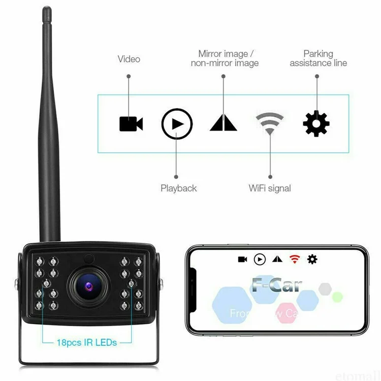 W105 Per Veicolo Telecamera di Retromarcia Wireless 18 LED Visione Notturna HD 1080P IP67 Impermeabile Ampio Angolo WiFi Cam