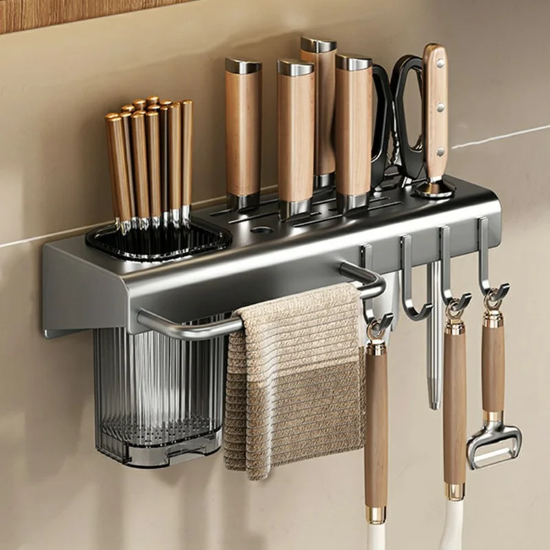 30cm Kitchen Organizer Rack Wall Mounted Spice Holder Knife Storage Towel Bar Multifunction Shelf - Tarnish