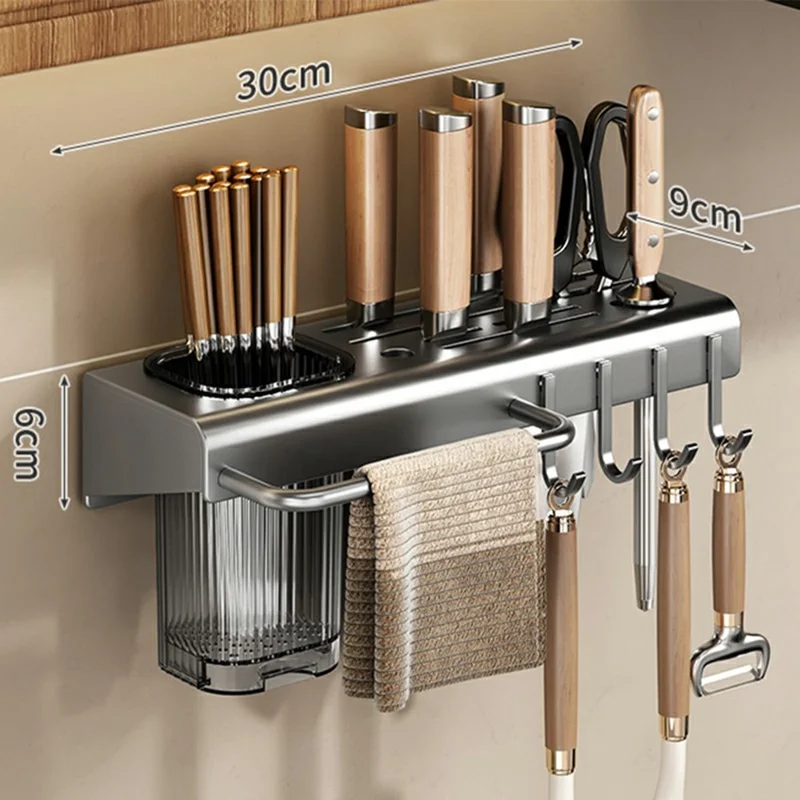 30cm Kitchen Organizer Rack Wall Mounted Spice Holder Knife Storage Towel Bar Multifunction Shelf - Tarnish