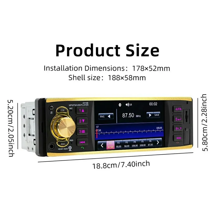 4019B 4.1 Inch IPS HD Screen MP5 Car Radio Bluetooth-Compatible SD AUX USB 7 Color Lights Lossless Audio Multimedia Player